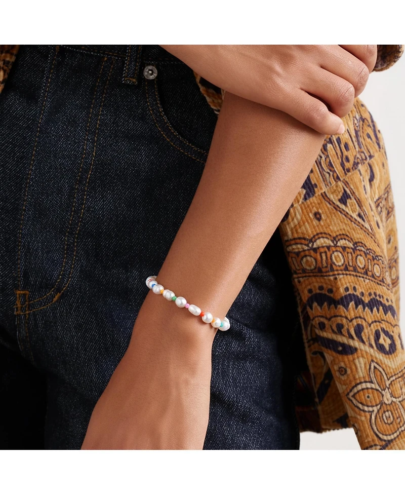 Joey Baby 18K Gold Plated Freshwater Pearls with Colored Glass Beads - Amber Bracelet 7" For Women and Girls