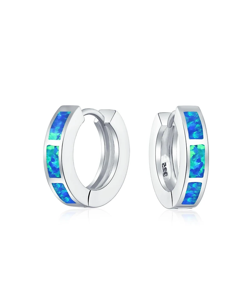 Bling Jewelry Set of 2 White & Blue Synthetic Opal Inlay Iridescent Huggie Hoop Earrings Sterling Silver