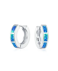 Bling Jewelry Set of 2 White & Blue Synthetic Opal Inlay Iridescent Huggie Hoop Earrings Sterling Silver