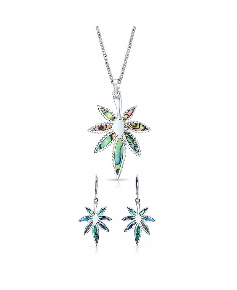 Bling Jewelry Western-Inspired Abalone Shell Marijuana Leaf Necklace and Earrings Jewelry Set Sterling Silver