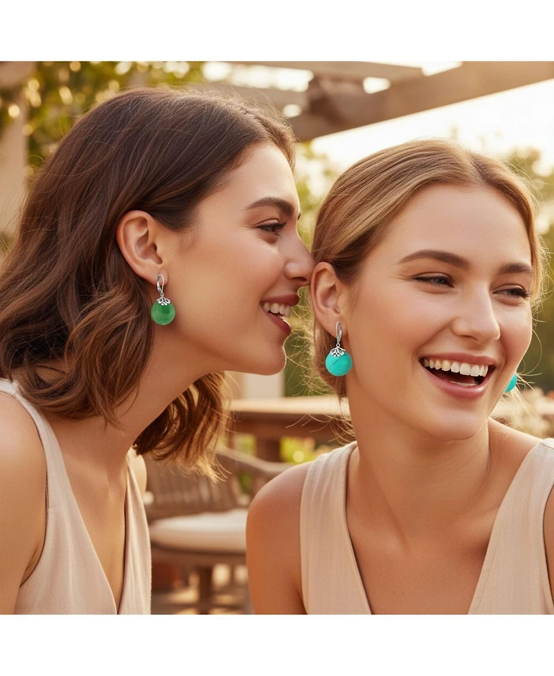 Bling Jewelry Set of 2 Stabilized Turquoise & Natural Jade Flat Round Circle Disc Dangle Drops Earrings Sterling Silver Lever Back