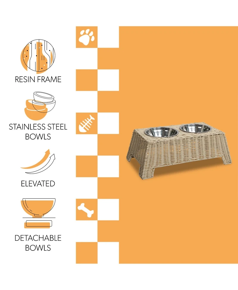 The Licker Store Serenity 6.9" Small/Medium Elevated Wicker Pet Feeder with 18oz (2.2 Cups) 2-Stainless Steel Bowls