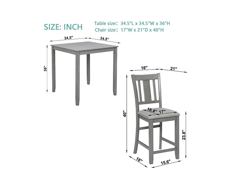 Casainc 5-Piece Grey Counter Height Kitchen Dining Set with Square Wood Table and 4 Upholstered Chairs