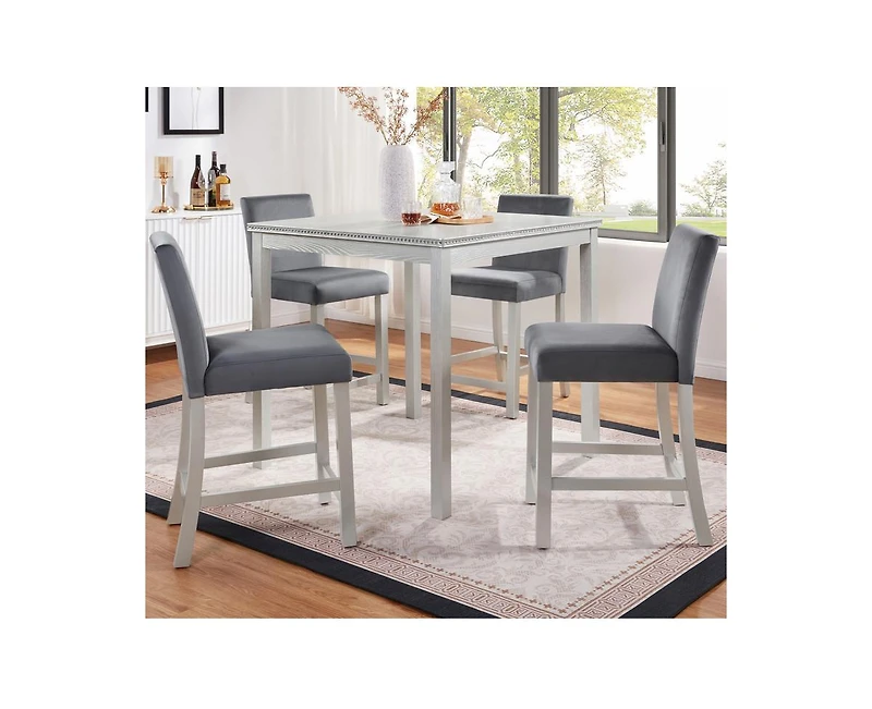 Casainc 5-Piece Silver Grey Counter Height Crystal Accent Dining Set with Square Wood Table and 4 Upholstered Chairs