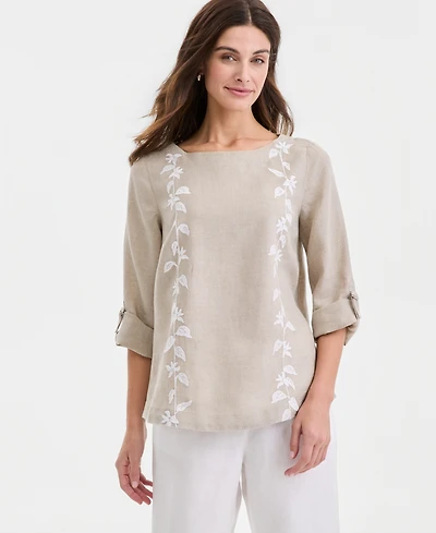 Charter Club Women's 100% Linen Floral-Embroidered 3/4-Sleeve Top, Macy's Exclusive
