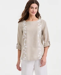 Charter Club Women's 100% Linen Floral-Embroidered 3/4-Sleeve Top, Macy's Exclusive