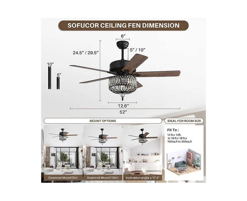 Sofucor 52-inch Modern Country-Style Black 5-Blade Flush Mount with Black Trim,and Equipped with Remote Control and Timer Functions