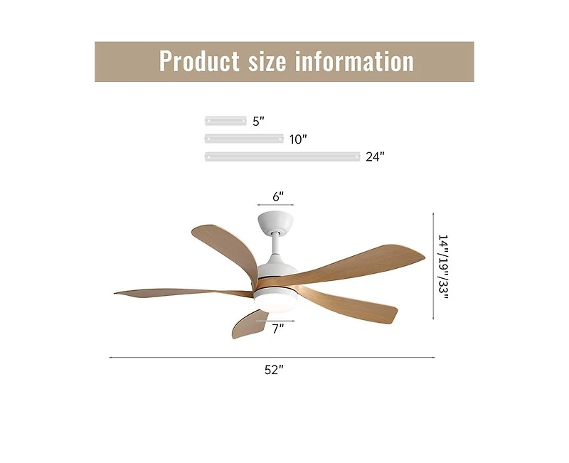 Sofucor 52-inch Modern Smart Standard 5-Blade Ceiling Fan with Remote Control and Led Light