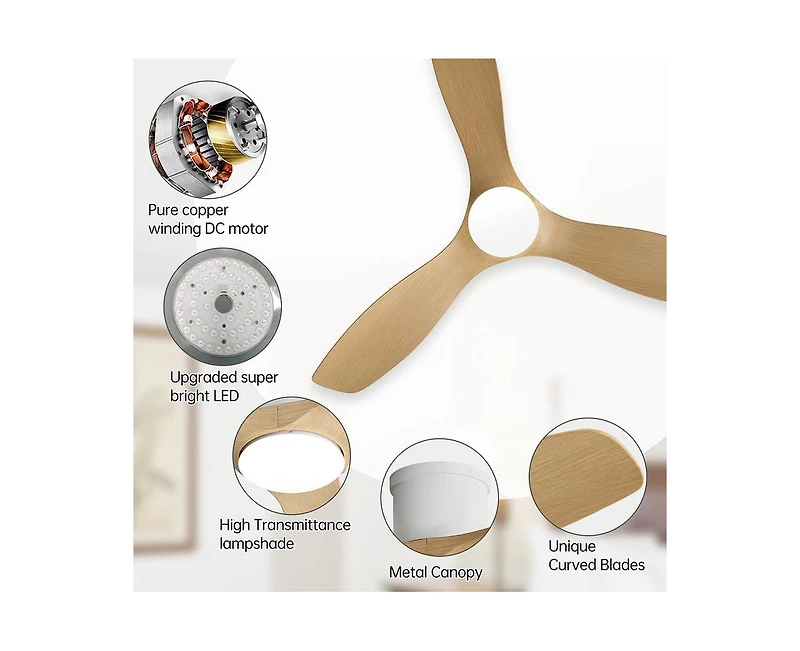 Sofucor 52-inch Modern Minimalist 3-Blade Flush Mount with Remote Control,Supporting Mobile Device Connection and Voice Function