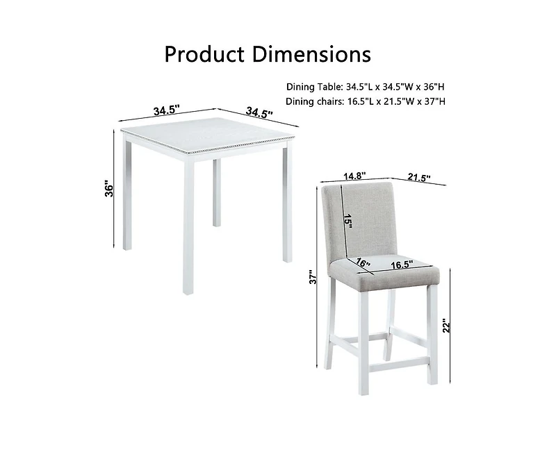 sumyeg 5-Piece Counter Height Dining Set with Crystal Accent Square Wood Table and 4 Upholstered Chairs
