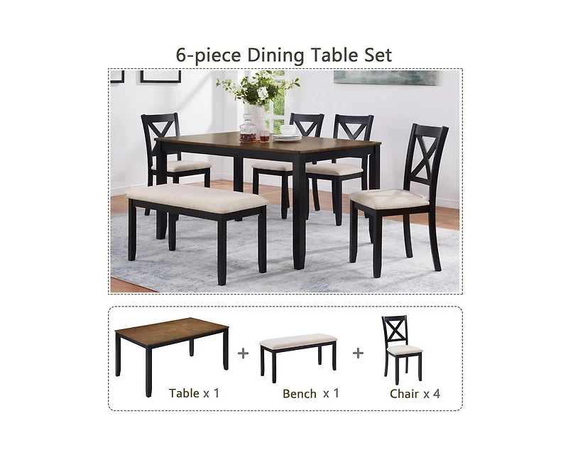 Casainc 6-Piece Classic Farmhouse Wood Dining Set with Table and Bench