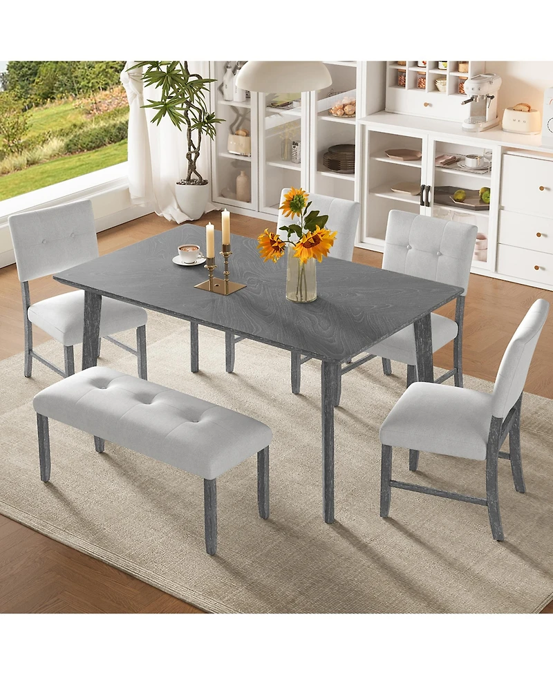 Casainc 6-Piece Farmhouse Dining Set with Rectangular Wood Table 4 Upholstered Chairs and Bench in Gray