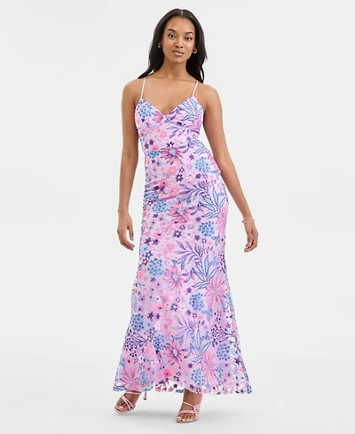 City Studios Juniors' Floral-Sequinned Evening Gown, Created for Macy's