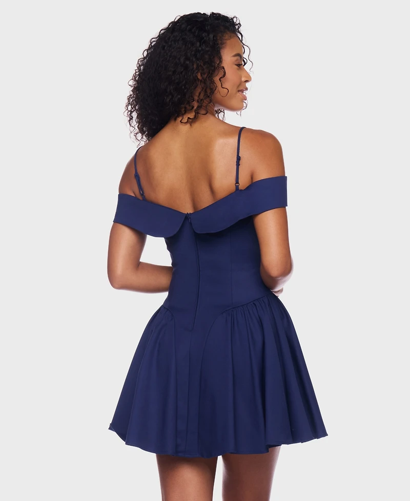 B Darlin Juniors' Sweetheart Spaghetti-Strap Cold-Shoulder Twill Fit & Flare Dress