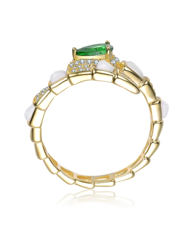 Rachel Glauber 14K Gold Plated with White Mother Of Pearl, Green & Clear Cubic Zirconia Bypass Ring