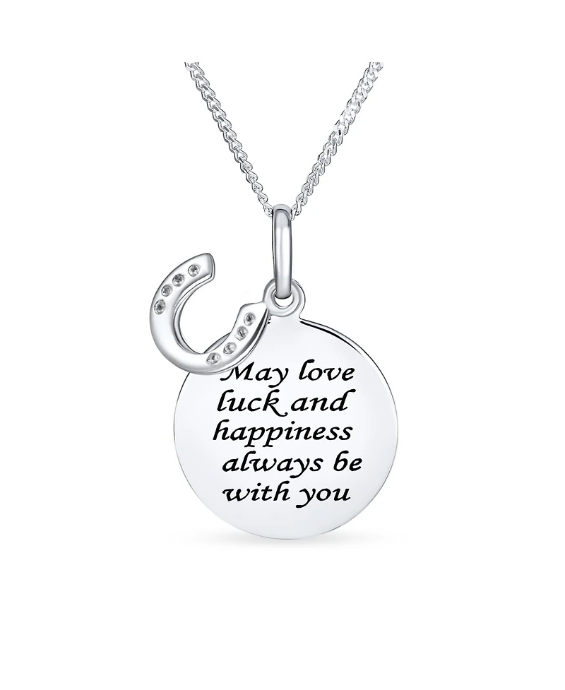Bling Jewelry Round Disc Equestrian Inspirational Saying Quote Cz Horseshoe Pendant Necklace & Stud Earrings Western Jewelry Set Sterling Silver