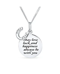 Bling Jewelry Round Disc Equestrian Inspirational Saying Quote Cz Horseshoe Pendant Necklace & Stud Earrings Western Jewelry Set Sterling Silver
