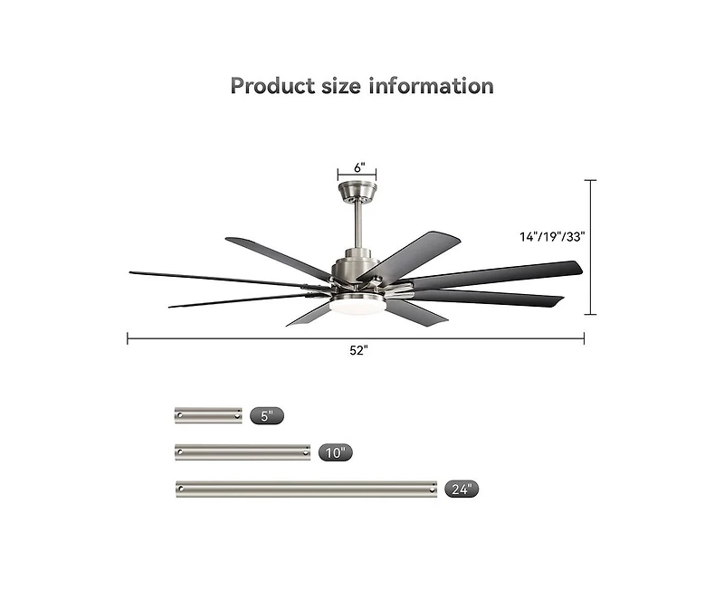 52-inch Modern Exquisite Sand Nickel 8-Blade Ceiling Fans with Adjustable Led Lights and Intelligent Remote Control