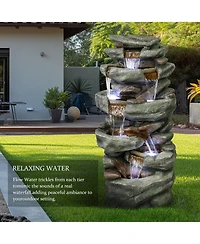 SunJet 40.5" High 6-Tier Outdoor Water Fountain with Led Lights Cascading Waterfall for Garden and Yard Decor