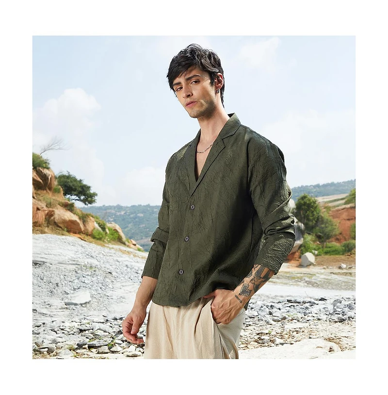 Campus Sutra Men's Army Green Wrinked Korean Oversized Shirt.