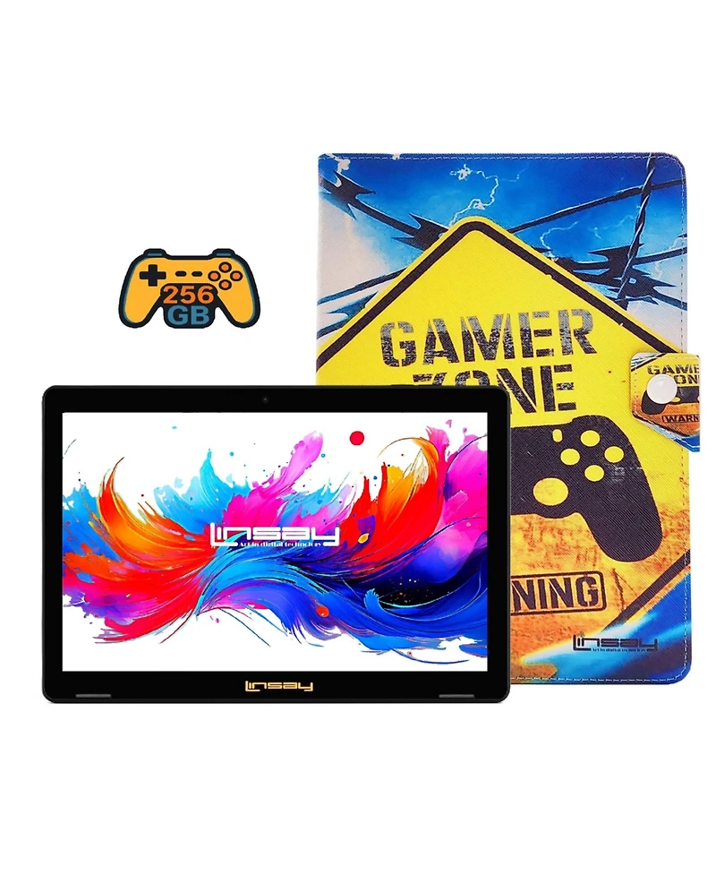 Linsay 10.1"Octa Core 256GB Storage Android 15 Tablet with Gamer Shape Case