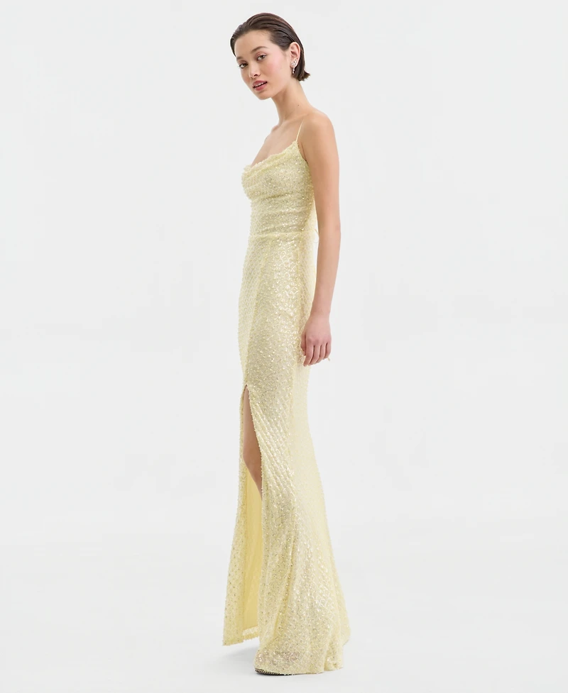 B Darlin Juniors' Beaded V-Neck Lace-Up-Back Gown