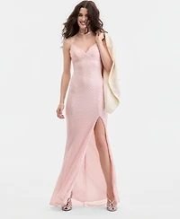 B Darlin Juniors' Beaded V-Neck Lace-Up-Back Gown