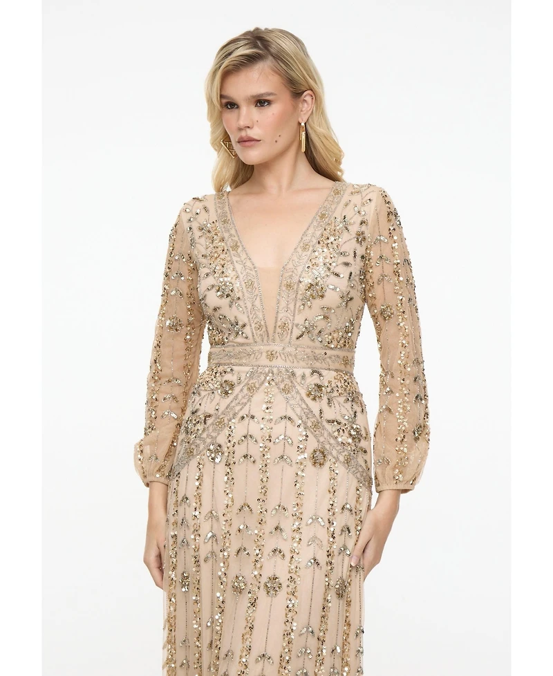 Beauut Women's Embellished Sequin Beaded With Designer Sleeves Maxi Dress