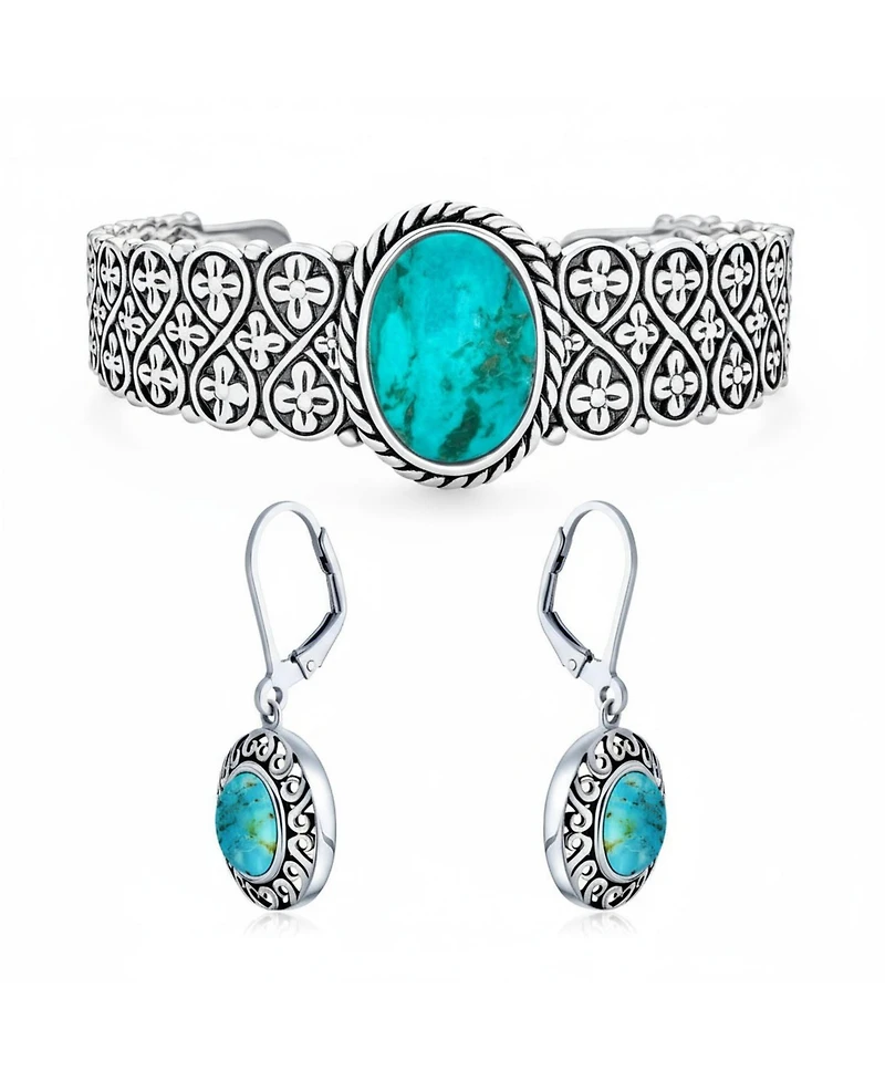 Bling Jewelry Stabilized Turquoise Floral Cross Infinity Wide Cuff Bracelet & Dangle Earrings Jewelry Set Sterling Silver