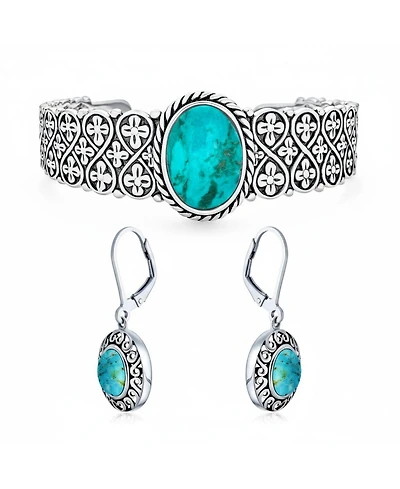 Bling Jewelry Stabilized Turquoise Floral Cross Infinity Wide Cuff Bracelet & Dangle Earrings Jewelry Set Sterling Silver