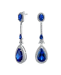 Bling Jewelry Set of 2 Art Deco Cubic Zirconia Halo Long Pear Solitaire Teardrop Blue & Green Cz Statement Dangle Chandelier Earrings