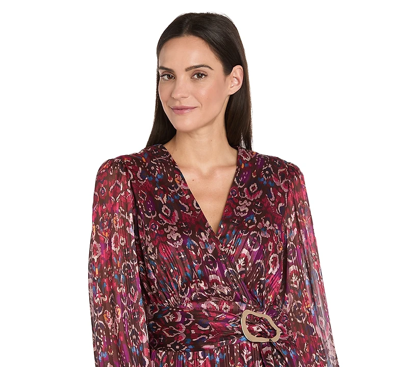 R & M Richards Women's Long-Sleeve Mock Surplus Wrap Printed Dress