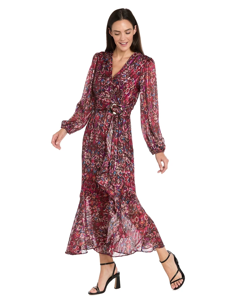 R & M Richards Women's Long-Sleeve Mock Surplus Wrap Printed Dress