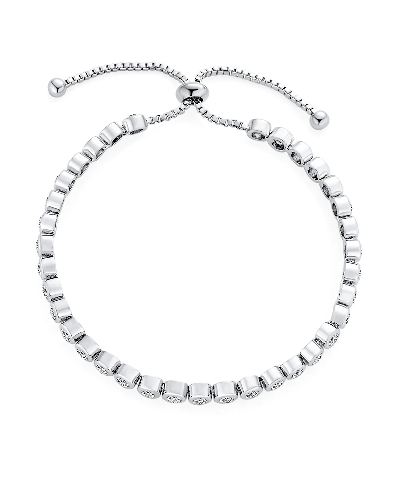 Bling Jewelry Adjustable Round Bezel Cubic Zirconia Tennis Bolo Bracelet & 7mm Solitaire Cz Stud Earrings Jewelry Set