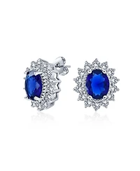 Bling Jewelry Royal Blue Cz Cubic Zirconia Collar Necklace & Oval Halo Stud Earrings Jewelry Set