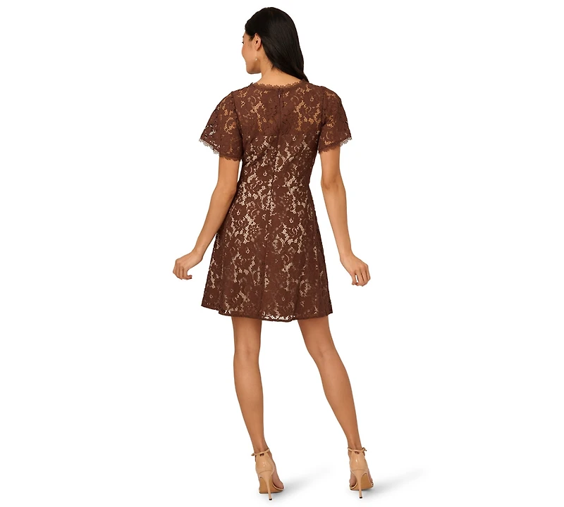 Adrianna Papell Women's Crewneck Lace Flounce Short Dress