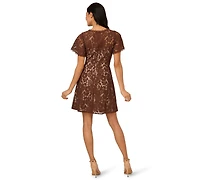 Adrianna Papell Women's Crewneck Lace Flounce Short Dress