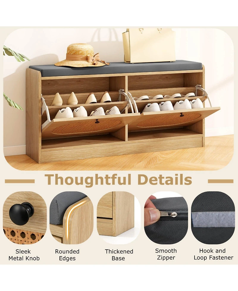 Costway Shoe Storage Bench with Cushion 2 Flip-over Doors & Adjustable Shelves