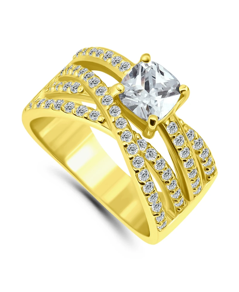 Cubic Zirconia Intertwined Band with Cushion Prong Center Ring Silver Plate