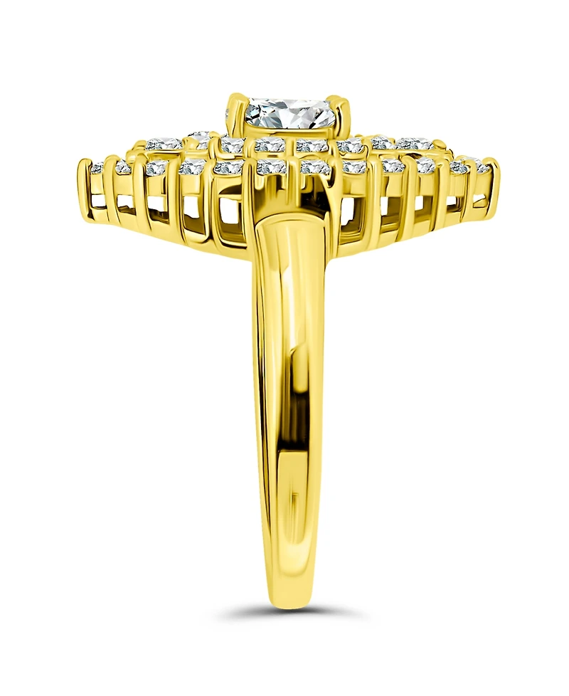 Cubic Zirconia 2 Row Kite Halo with Round Prong Center Stone Ring Silver Plate