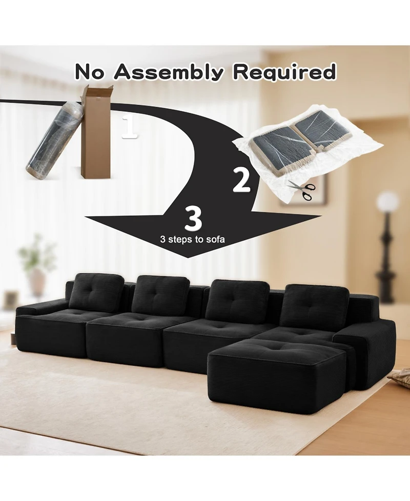 Streamdale Furniture Modern L-Shaped Corduroy Sectional Sofa with Movable Ottoman - Black