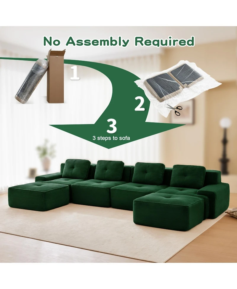 Streamdale Furniture Modern U-Shaped Corduroy Sectional Sofa, 4-Seater Couch with Ottomans, Green