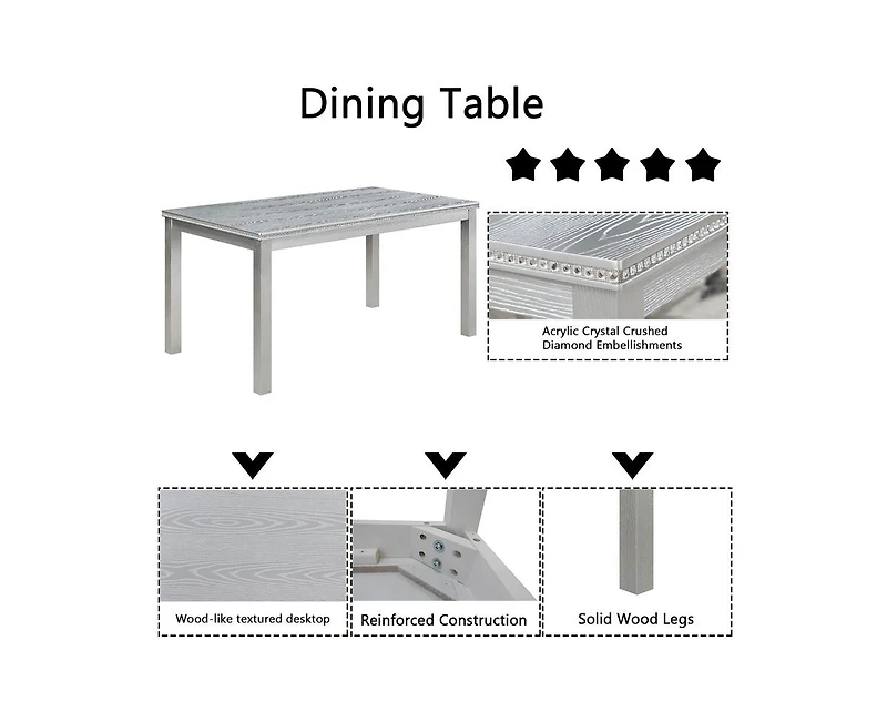 Casainc 6-Piece Silver Grey Crystal Accent Wood Dining Set with Rectangular Table 4 Upholstered Chairs and Bench