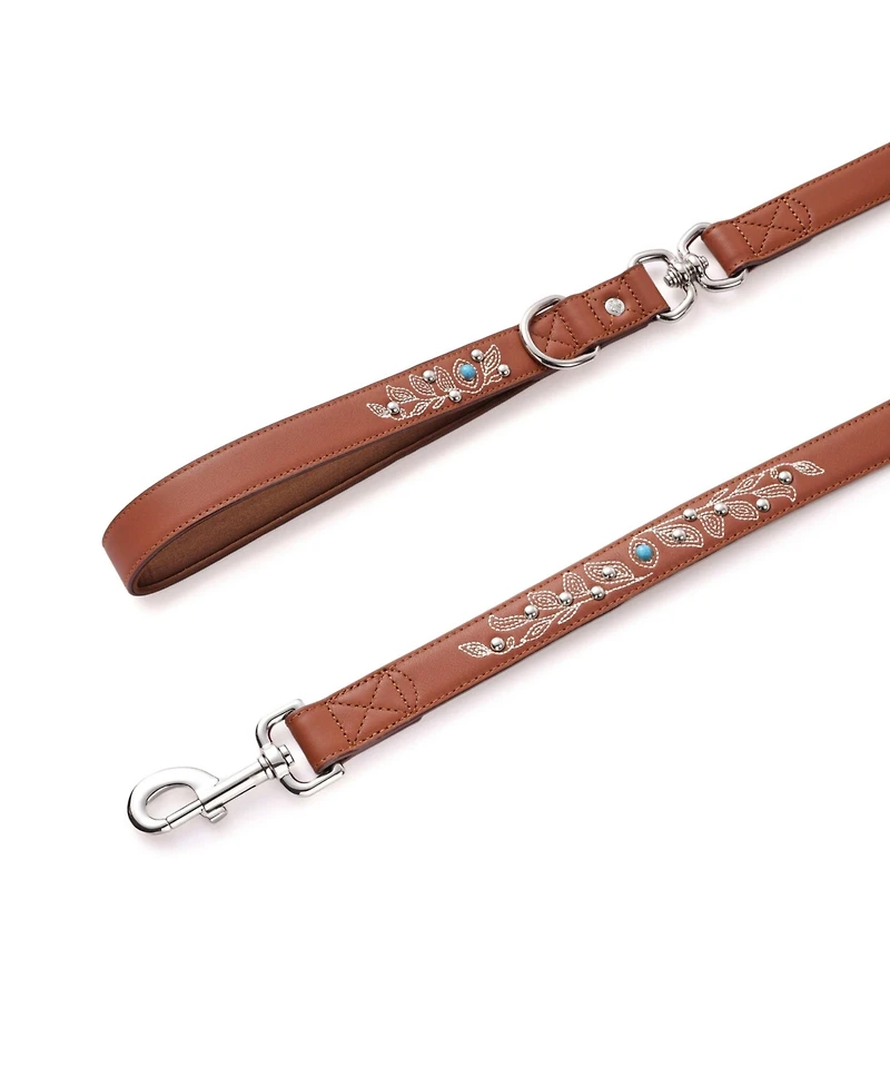 Blueberry Pet Western Style Full Grain Genuine Leather Dog Leash with Embroidery and Pearl or Turquoise Studs