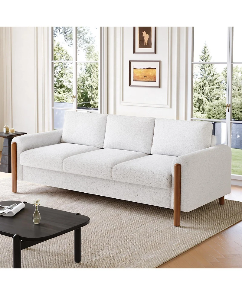 Streamdale Furniture 83.86" 3-Seater Sofa, Curved Armrest, Teddy Velvet, Solid Wood Legs & Frame, Green