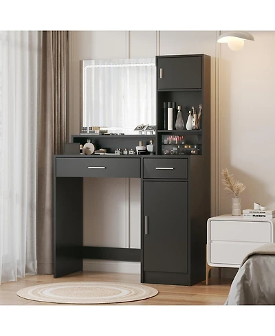 Streamdale Furniture Streamdale Vanity Desk with Mirror, Led Light Strip, Large Drawer & Storage (Black