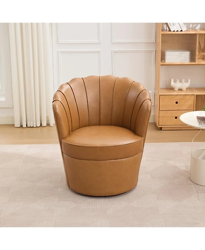 Streamdale Light Brown Petal Swivel Chair - 360 Spin, Genuine Leather Wing-Back Desk Chair