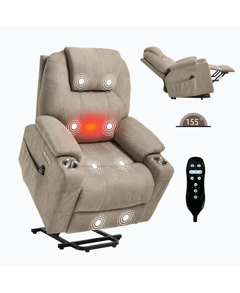 Streamdale Furniture Streamdale Power Lift Recliner Chair, 350 Lbs Capacity, 8-Point Massage, Heating, Usb/Type-c, Khaki