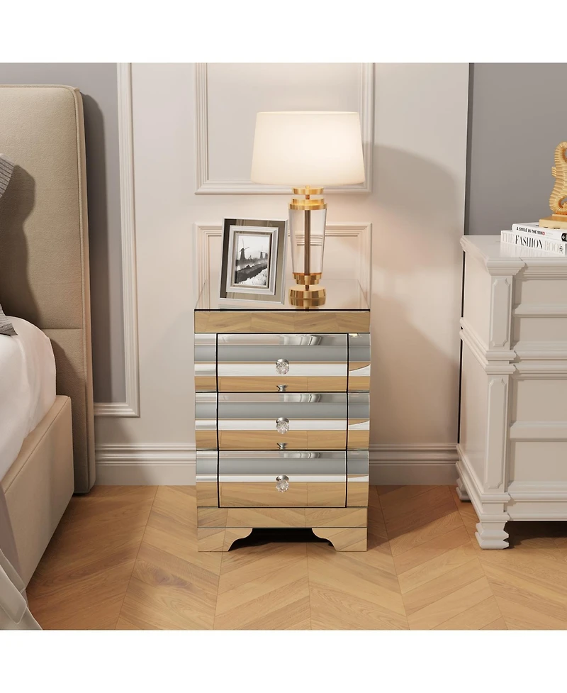 Streamdale Furniture Streamdale Curved Mirror 3-Drawer Nightstand/Bedside Table - Silver