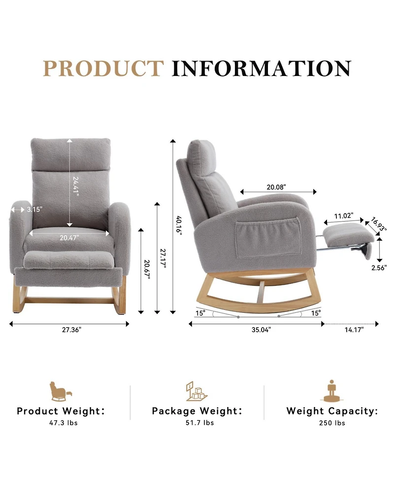 Streamdale Furniture Teddy Fabric Leisure Rocking Chair with Adjustable Footstool, Light Gray